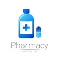 Pharmacy vector symbol with blue bottle and cross, pill capsule for pharmacist, pharma store, doctor and medicine Royalty Free Stock Photo