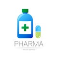 Pharmacy vector symbol with blue bottle and cross, pill capsule for pharmacist, pharma store, doctor and medicine Royalty Free Stock Photo