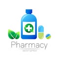 Pharmacy vector symbol of blue bottle with cross and pill tablet capsule and leaf for pharmacist, pharma store, doctor Royalty Free Stock Photo