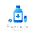 Pharmacy vector symbol of blue bottle with cross and pill tablet capsule for pharmacist, pharma store, doctor and Royalty Free Stock Photo