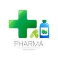 Pharmacy vector symbol with blue bottle and green cross in circle, leaf, for pharmacist, pharma store, doctor and Royalty Free Stock Photo