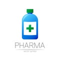 Pharmacy vector symbol with blue bottle and green cross for pharmacist, pharma store, doctor and medicine. Modern design Royalty Free Stock Photo