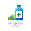 Pharmacy vector symbol of blue bottle with green cross and pill tablet with leaf for pharmacist, pharma store, doctor Royalty Free Stock Photo