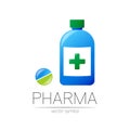 Pharmacy vector symbol of blue bottle with green cross and pill tablet for pharmacist, pharma store, doctor and medicine Royalty Free Stock Photo