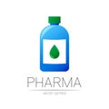 Pharmacy vector symbol with blue bottle and green drop for pharmacist, pharma store, doctor and medicine. Modern design Royalty Free Stock Photo