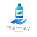 Pharmacy vector symbol with blue bottle and green leaf on hand for pharmacist, pharma store, doctor and medicine. Modern Royalty Free Stock Photo