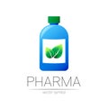 Pharmacy vector symbol with blue bottle and green leaf for pharmacist, pharma store, doctor and medicine. Modern design Royalty Free Stock Photo