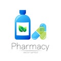 Pharmacy vector symbol with blue bottle and green leaf, pill capsule for pharmacist, pharma store, doctor and medicine Royalty Free Stock Photo