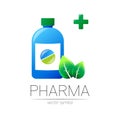 Pharmacy vector symbol with blue bottle and green pill tablet, leaf, cross for pharmacist, pharma store, doctor and Royalty Free Stock Photo