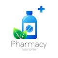 Pharmacy vector symbol with blue bottle and pill tablet, cross and green leaf for pharmacist, pharma store, doctor and Royalty Free Stock Photo