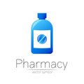 Pharmacy vector symbol with blue bottle and pill tablet for pharmacist, pharma store, doctor and medicine. Modern design Royalty Free Stock Photo