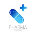 Pharmacy vector symbol with blue cross for pharmacist, pharma store, doctor and medicine. Modern design vector logo on