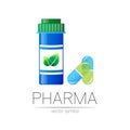 Pharmacy vector symbol with blue pill bottle and capsule tablet for pharmacist, pharma store, doctor and medicine Royalty Free Stock Photo