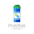 Pharmacy vector symbol with blue pill bottle and capsule tablet for pharmacist, pharma store, doctor and medicine Royalty Free Stock Photo