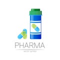 Pharmacy vector symbol with blue pill bottle and capsule tablet for pharmacist, pharma store, doctor and medicine Royalty Free Stock Photo