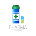 Pharmacy vector symbol with blue pill bottle and capsule tablet for pharmacist, pharma store, doctor and medicine Royalty Free Stock Photo