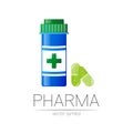 Pharmacy vector symbol with blue pill bottle and green capsule, cross for pharmacist, pharma store, doctor and medicine Royalty Free Stock Photo