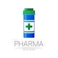 Pharmacy vector symbol with blue pill bottle and green cross for pharmacist, pharma store, doctor and medicine. Modern Royalty Free Stock Photo