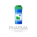 Pharmacy vector symbol with blue pill bottle and green leaf, cross for pharmacist, pharma store, doctor and medicine Royalty Free Stock Photo
