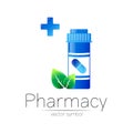 Pharmacy vector symbol with blue pill bottle and green leaf, cross for pharmacist, pharma store, doctor and medicine Royalty Free Stock Photo