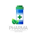 Pharmacy vector symbol with blue pill bottle and green leaf for pharmacist, pharma store, doctor and medicine. Modern Royalty Free Stock Photo