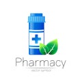 Pharmacy vector symbol with blue pill bottle and green leaf for pharmacist, pharma store, doctor and medicine. Modern Royalty Free Stock Photo