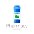 Pharmacy vector symbol with blue pill bottle and green leaf for pharmacist, pharma store, doctor and medicine. Modern Royalty Free Stock Photo