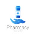 Pharmacy vector symbol with blue pill bottle in hand and cross for pharmacist, pharma store, doctor and medicine. Modern Royalty Free Stock Photo