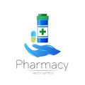 Pharmacy vector symbol with blue pill bottle in hand and tablet for pharmacist, pharma store, doctor and medicine Royalty Free Stock Photo