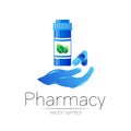 Pharmacy vector symbol with blue pill bottle in hand and tablet for pharmacist, pharma store, doctor and medicine Royalty Free Stock Photo