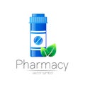 Pharmacy vector symbol with blue pill bottle and tablet, leaf for pharmacist, pharma store, doctor and medicine. Modern Royalty Free Stock Photo