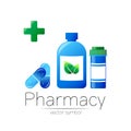 Pharmacy vector symbol with 2 blue pill bottle and tablet for pharmacist, pharma store, doctor and medicine. Modern Royalty Free Stock Photo