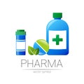 Pharmacy vector symbol with 2 blue pill bottle and tablet for pharmacist, pharma store, doctor and medicine. Modern Royalty Free Stock Photo