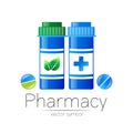 Pharmacy vector symbol with 2 blue pill bottle and tablet for pharmacist, pharma store, doctor and medicine. Modern Royalty Free Stock Photo