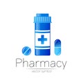 Pharmacy vector symbol with blue pill bottle and tablet for pharmacist, pharma store, doctor and medicine. Modern design Royalty Free Stock Photo