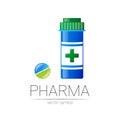 Pharmacy vector symbol with blue pill bottle and tablet for pharmacist, pharma store, doctor and medicine. Modern design Royalty Free Stock Photo