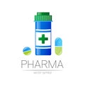 Pharmacy vector symbol with blue pill bottle and tablet for pharmacist, pharma store, doctor and medicine. Modern design Royalty Free Stock Photo