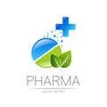 Pharmacy vector symbol with green leaf and cross for pharmacist, pharma store, doctor and medicine. Modern design vector
