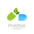 Pharmacy vector symbol with green leaf for pharmacist, pharma store, doctor and medicine. Modern design vector logo on