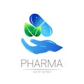 Pharmacy vector symbol with green leaf for pharmacist, pharma store, doctor and medicine. Modern design vector logo on