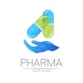 Pharmacy vector symbol with hand for pharmacist, pharma store, doctor and medicine. Modern design vector logo on white