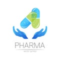 Pharmacy vector symbol with hands for pharmacist, pharma store, doctor and medicine. Modern design vector logo on white Royalty Free Stock Photo