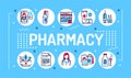 Pharmacy word lettering typography. Medical clinic communication with patient and medicaments. Infographics with linear icons on