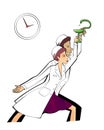 Pharmacy workers man and woman with symbols of a snake and bowls in their hands. Labor impulse and heroism. Humorous illustration