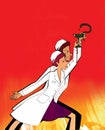 Pharmacy workers man and woman with symbols of a snake and bowls in their hands. Labor impulse and heroism. Humorous illustration