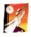 Pharmacy workers man and woman with symbols of a snake and bowls in their hands. Labor impulse and heroism. Humorous illustration