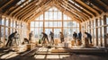 Phased installation of wooden house frame with workers and wooden partitions in apartment building Royalty Free Stock Photo