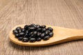 Black Turtle Bean legume. Grains in wooden spoon. Rustic.