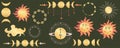 Phases of the moon,heavenly sun in set on dark background. Mystical sacred astrology with stars, cloud. Golden figures Royalty Free Stock Photo