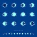 Moon calendar. The phases of the moon icons. The moon in different phases on a blue background stages. Royalty Free Stock Photo